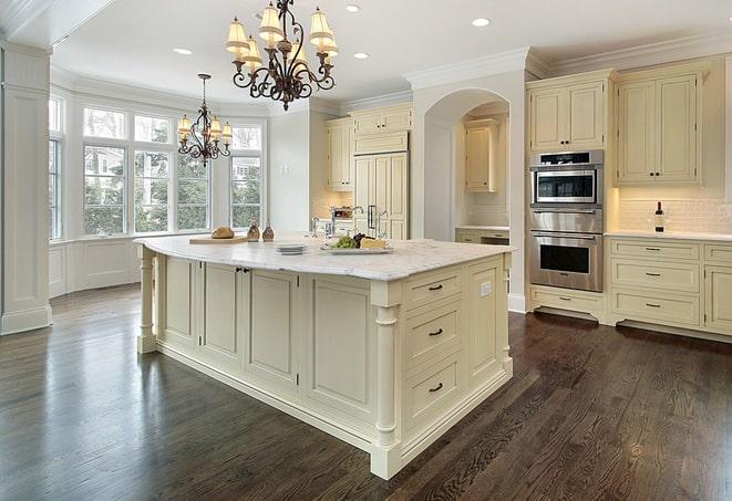 sleek gray laminate floors in a modern living room in Chelsea, MA